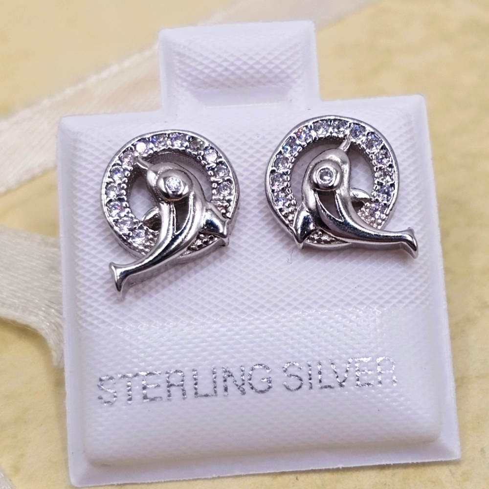 Sterling Silver 925 Rhodium Plated Dolphin CZ Stud Earrings